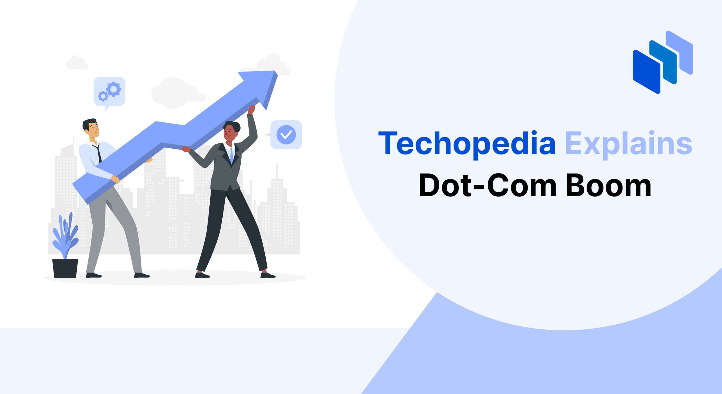 Illustration of two business professionals lifting an upward arrow, representing the rapid growth and expansion during the dot-com boom era.