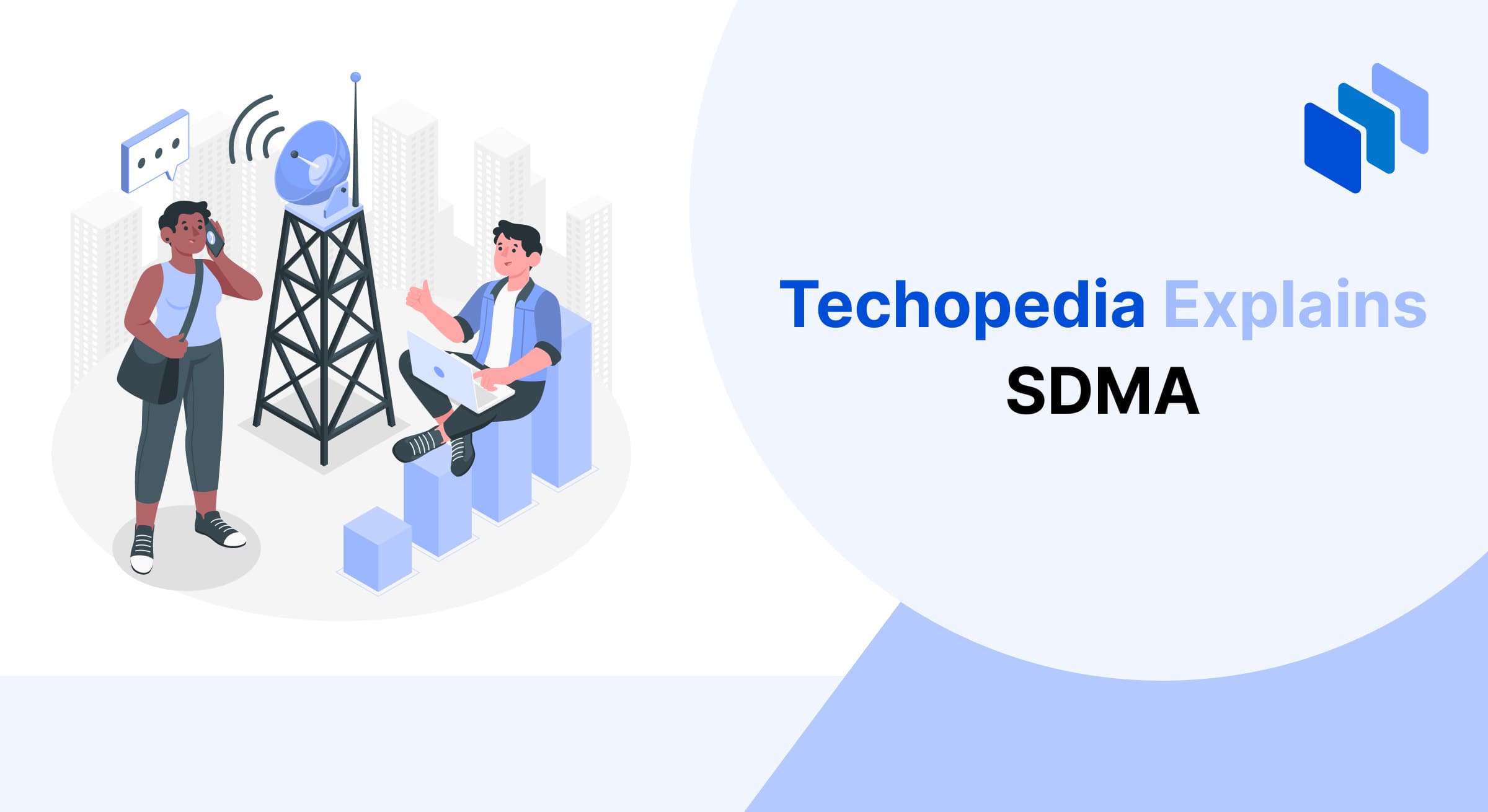 An infographic explaining SDMA (Spatial Division Multiple Access), featuring a communication tower, a person using a mobile phone, and another with a laptop, highlighting spatial separation for efficient data transmission.