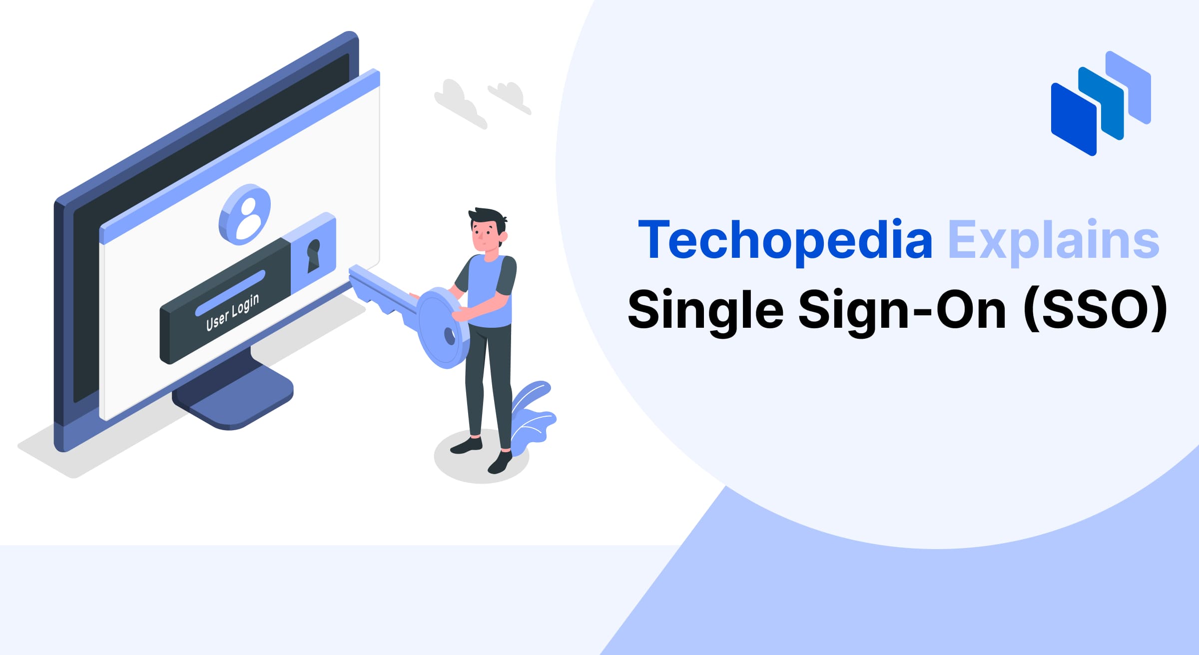 Illustration of “Single Sign-On (SSO)” concept. A person holds a large key standing in front of a computer screen with a “User Login” interface, symbolizing unified access control. The title reads, “Techopedia Explains Single Sign-On (SSO),” set against a light blue and white background.