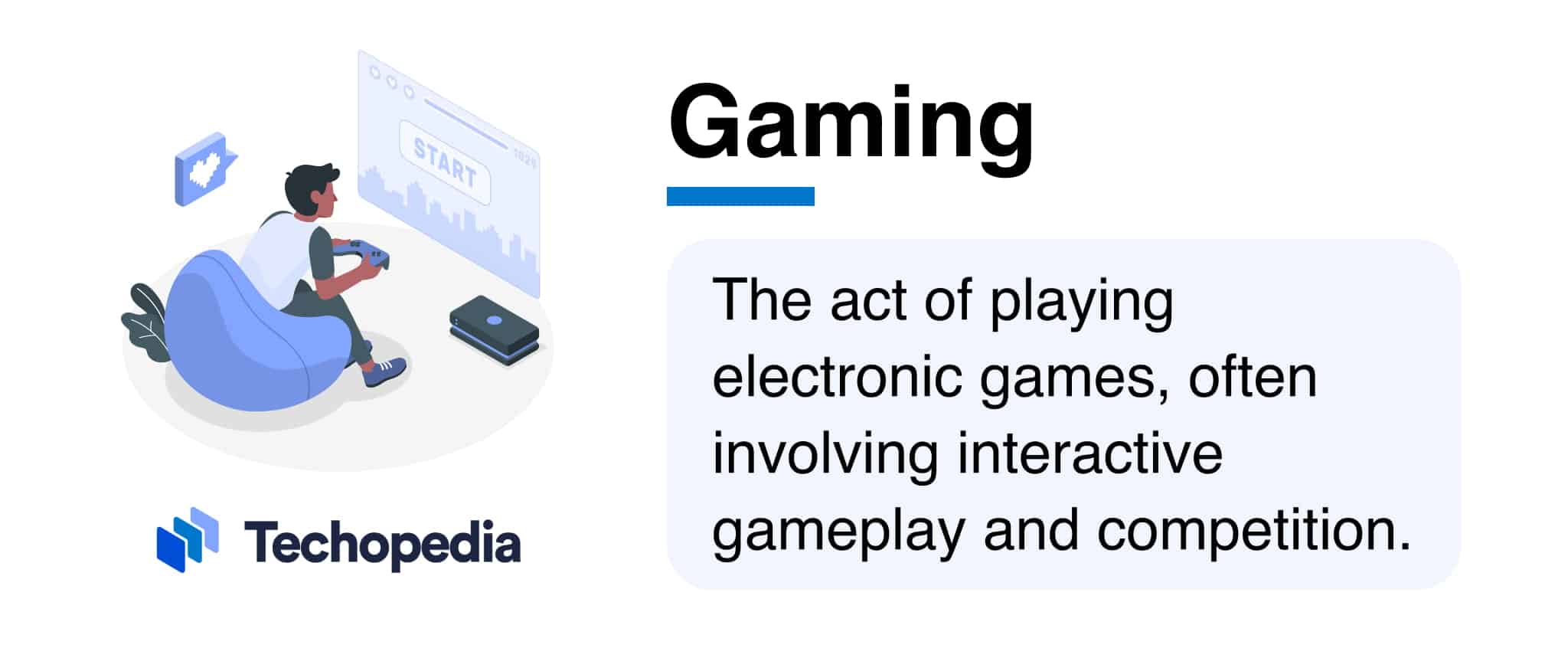 A person sits on a bean bag, gaming with a controller, while a computer screen displays the word "START."