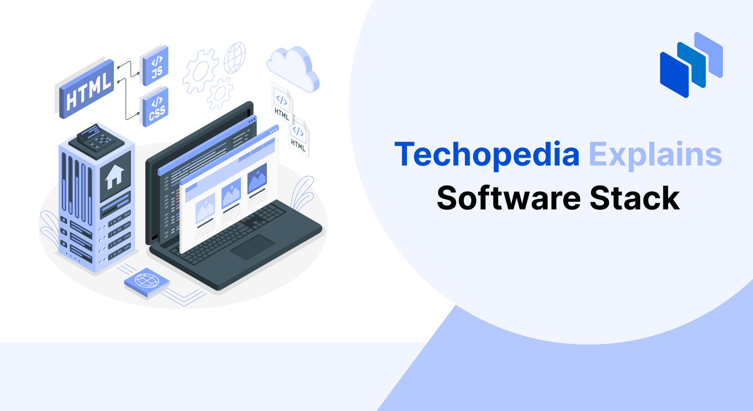 Illustration of a laptop and server with layers representing HTML, CSS, and JavaScript, symbolizing the concept of a software stack as a combination of technologies used in application development.