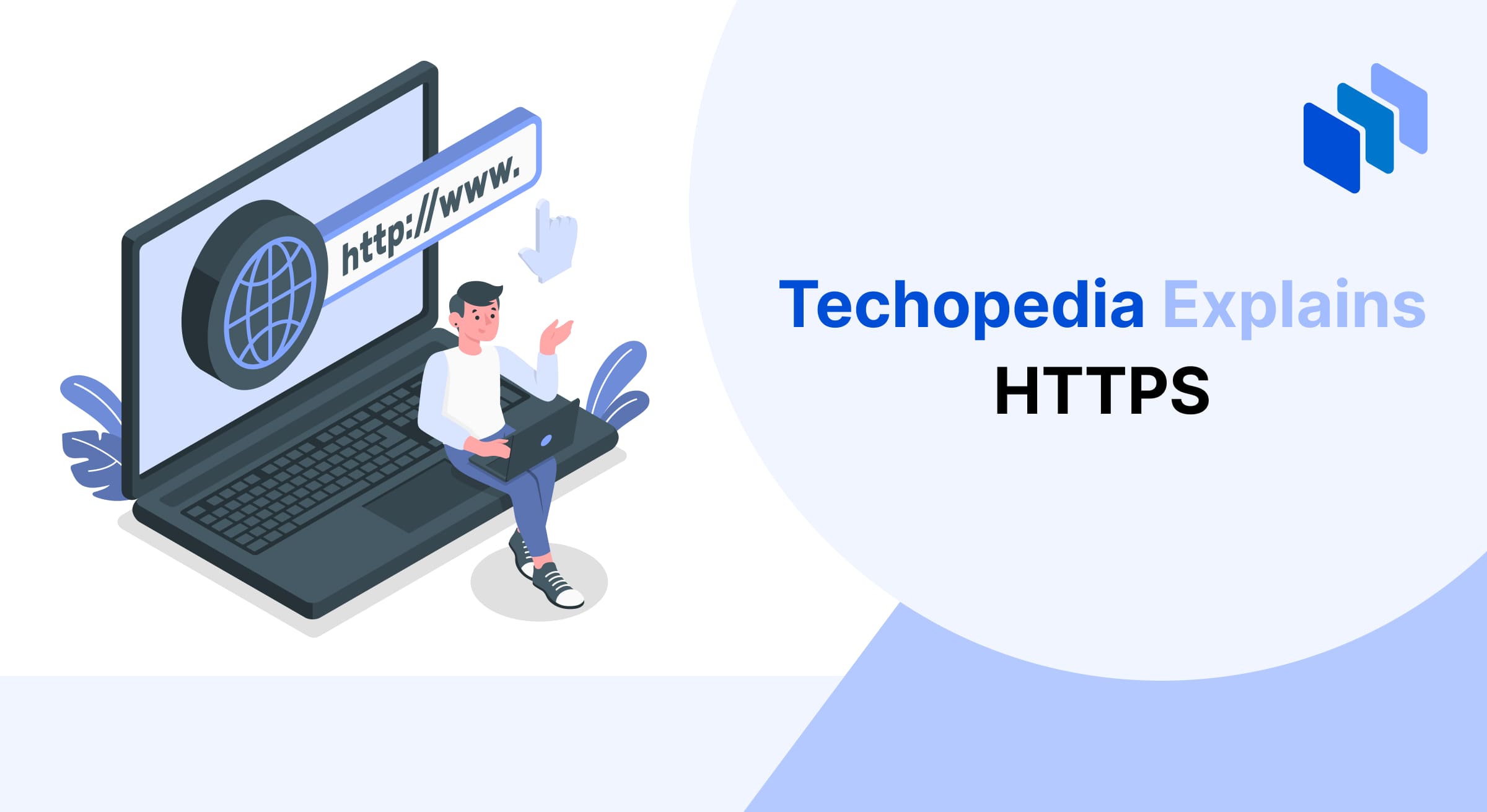 An illustration from Techopedia explaining HTTPS, showing a laptop with a web browser and a globe symbolizing secure internet communication protocols.