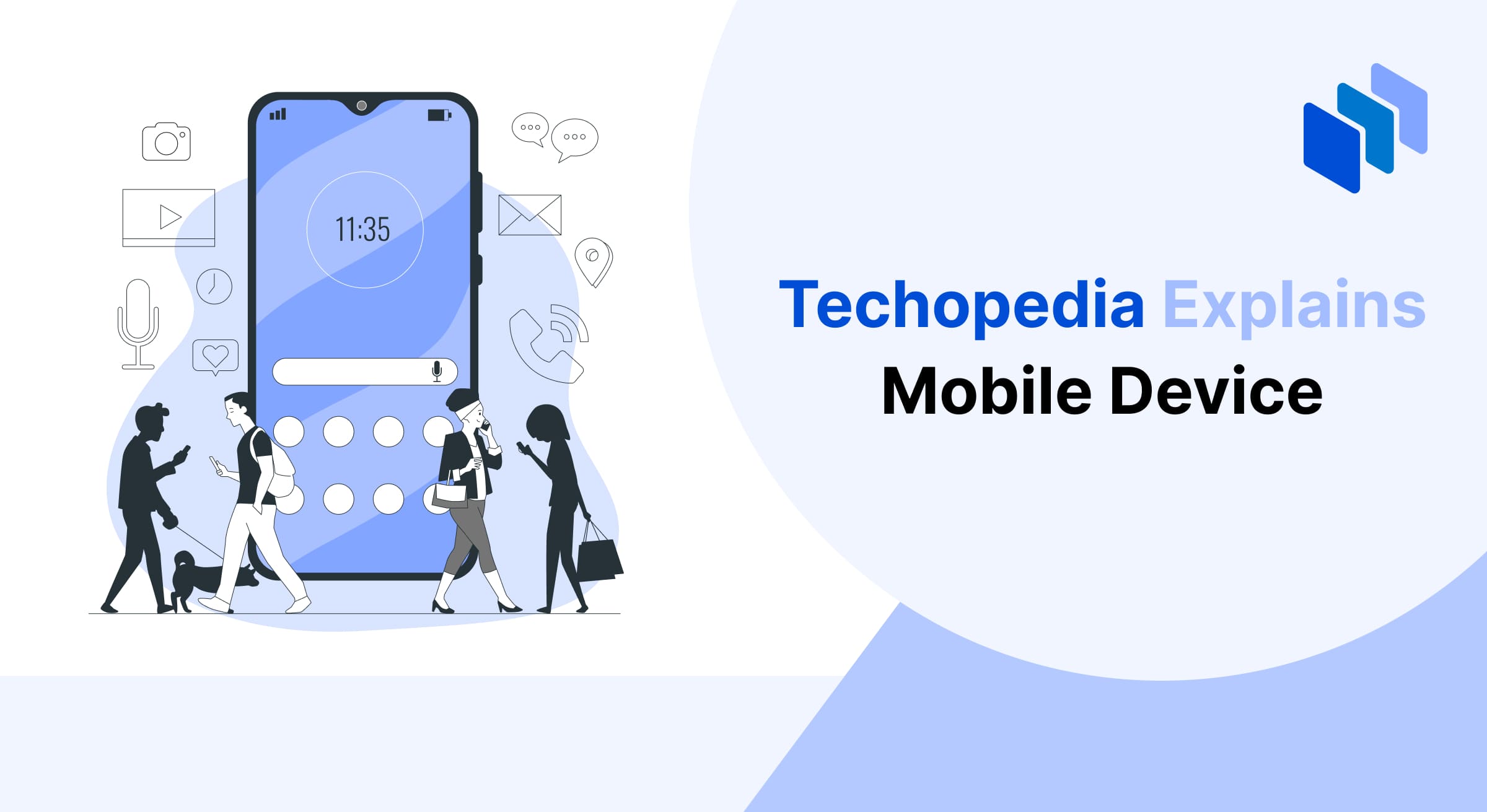 Illustration explaining a mobile device, featuring a smartphone with app icons, a search bar, and a clock, surrounded by people interacting with their phones while walking.