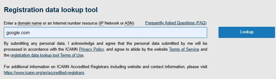 Screenshot of a registration data lookup tool with a field for entering domain names, displaying "google.com" and privacy policy links.