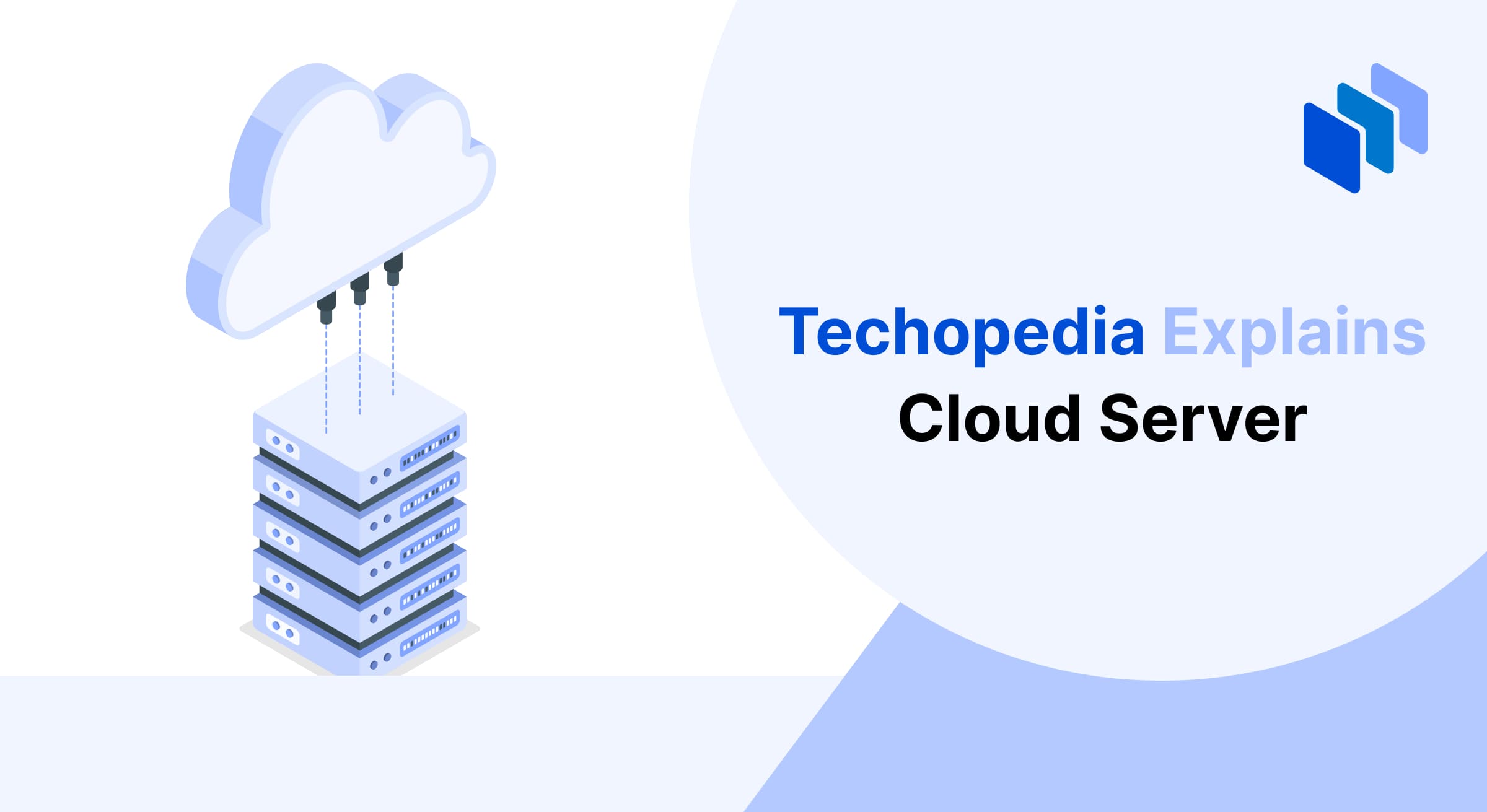 An illustration explaining the concept of a Cloud Server, depicting stacked physical servers connecting to a cloud, symbolizing virtualized computing resources and data storage.