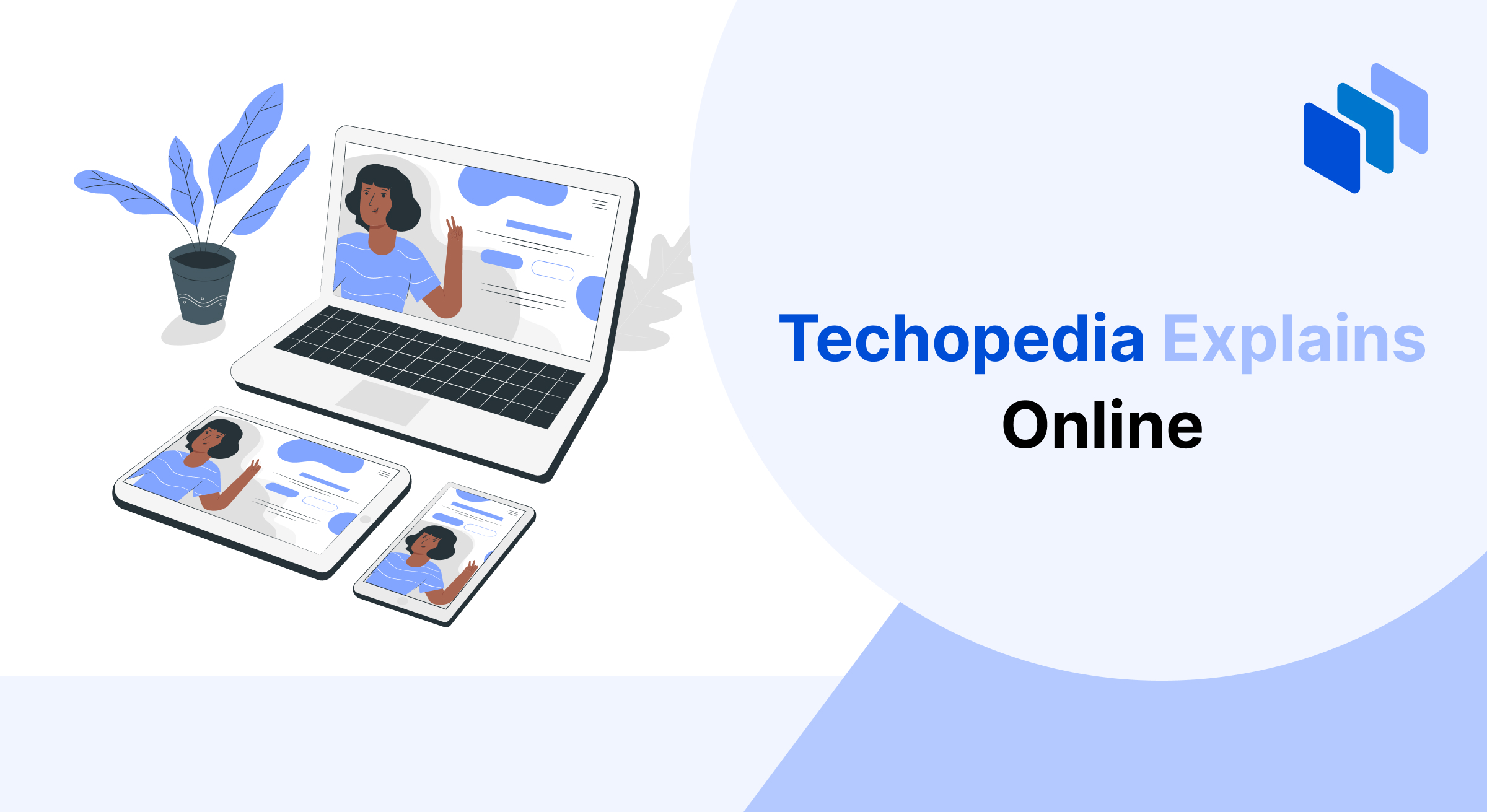Illustration showing a laptop, tablet, and smartphone displaying the same content, symbolizing the concept of being online.