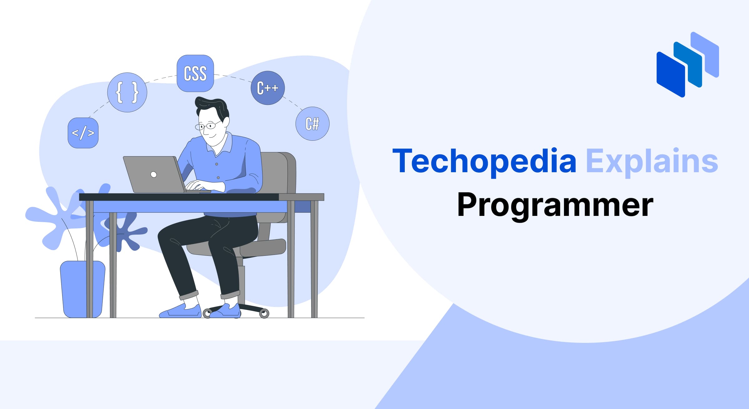 Illustration of a programmer seated at a desk working on a laptop. Surrounding them are floating symbols representing coding languages and technologies, including CSS, C++, C#, and other programming elements, symbolizing the programmer’s role in software development and coding.