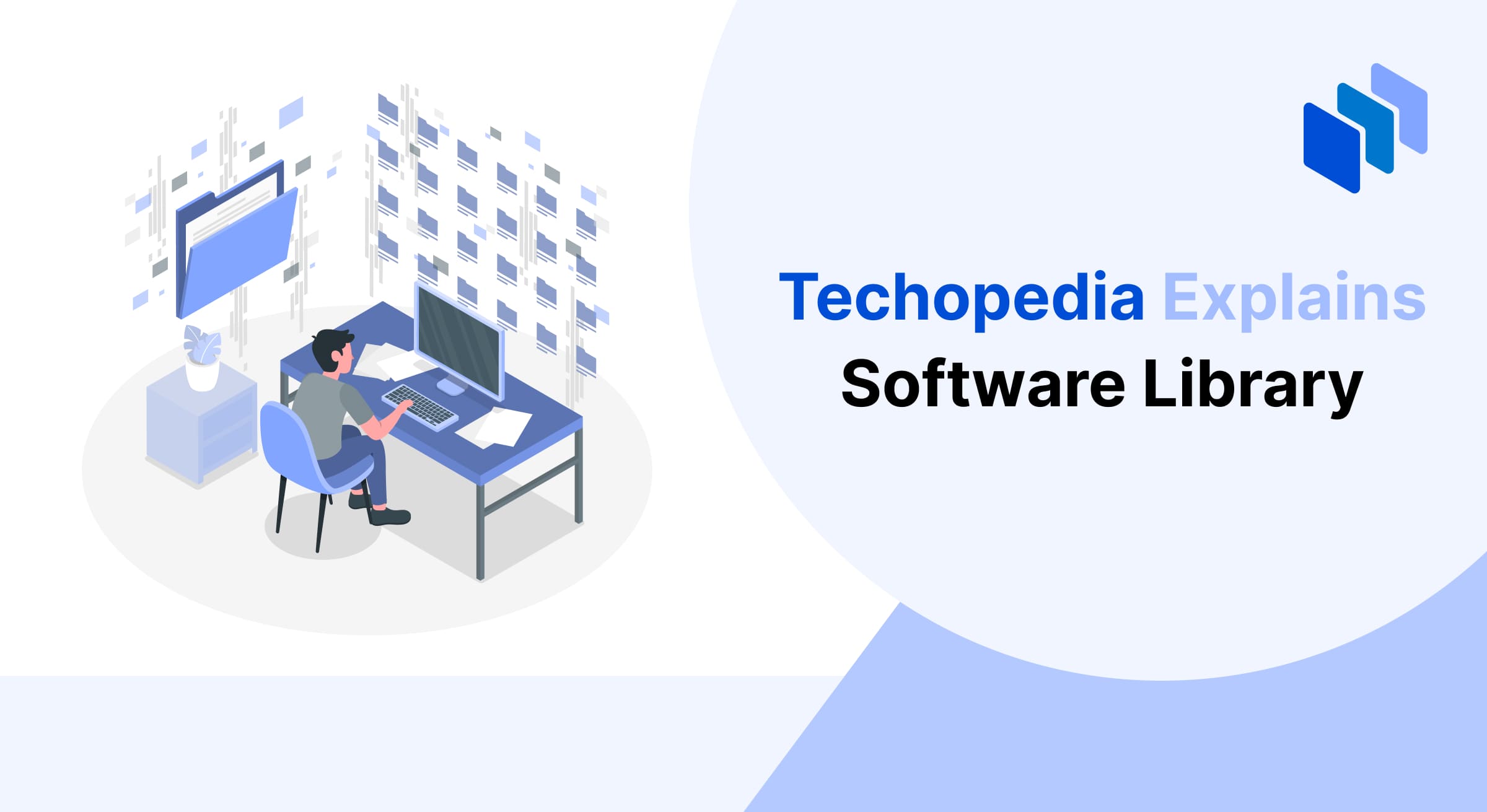 Illustration explaining the concept of a Software Library, showing a person working on a computer surrounded by files and digital folders representing code or data packages.