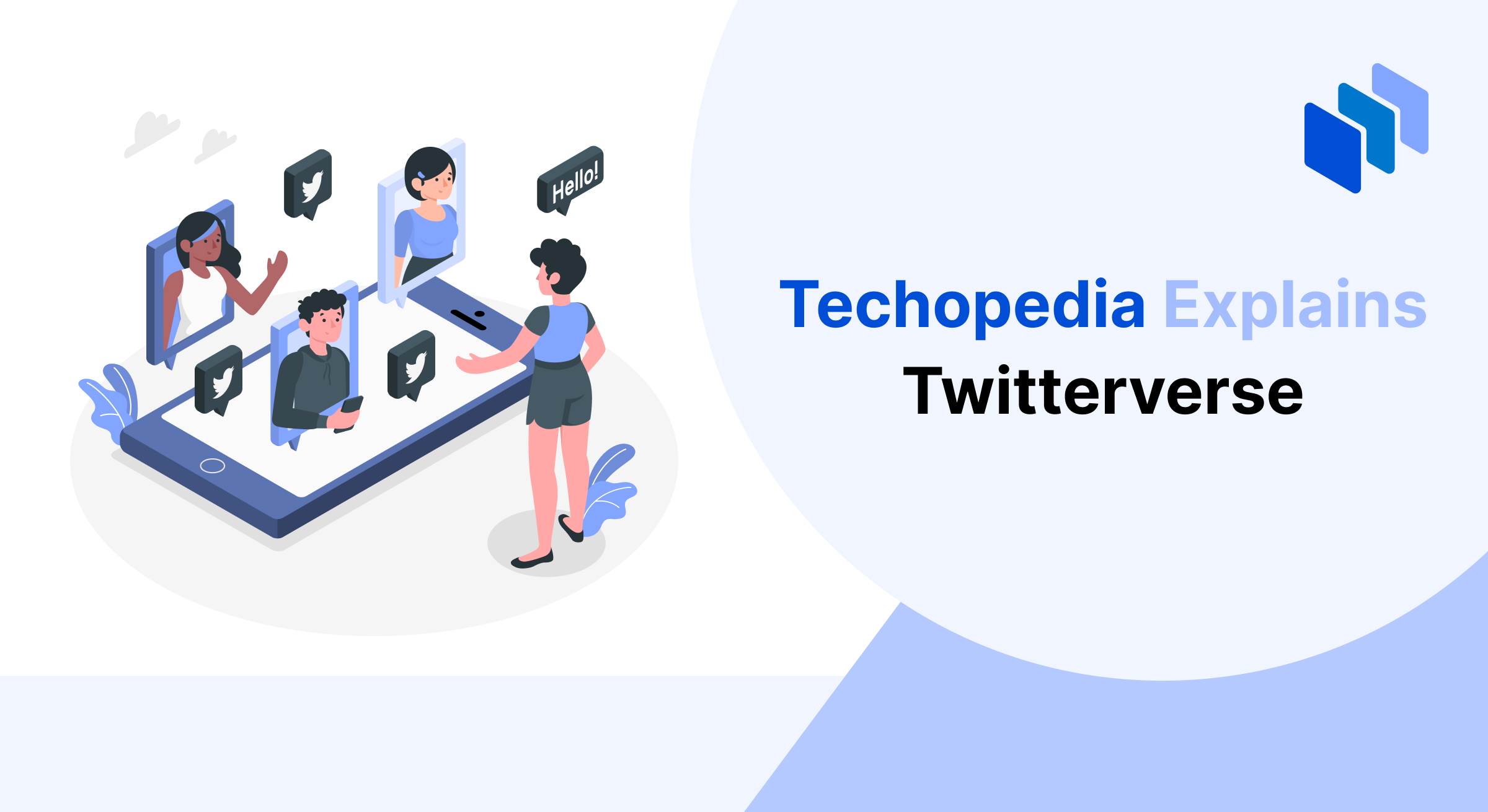 An illustration from Techopedia explaining the ‘Twitterverse,’ featuring a smartphone with virtual chat windows and avatars representing global online interaction through Twitter.