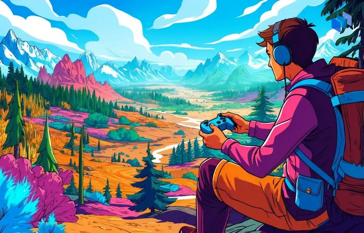 Illustration of an adventurer sitting on a hillside with a game controller in hand, overlooking a vast, colorful landscape with mountains, forests, and a winding river, symbolizing the immersive experience in adventure gaming.