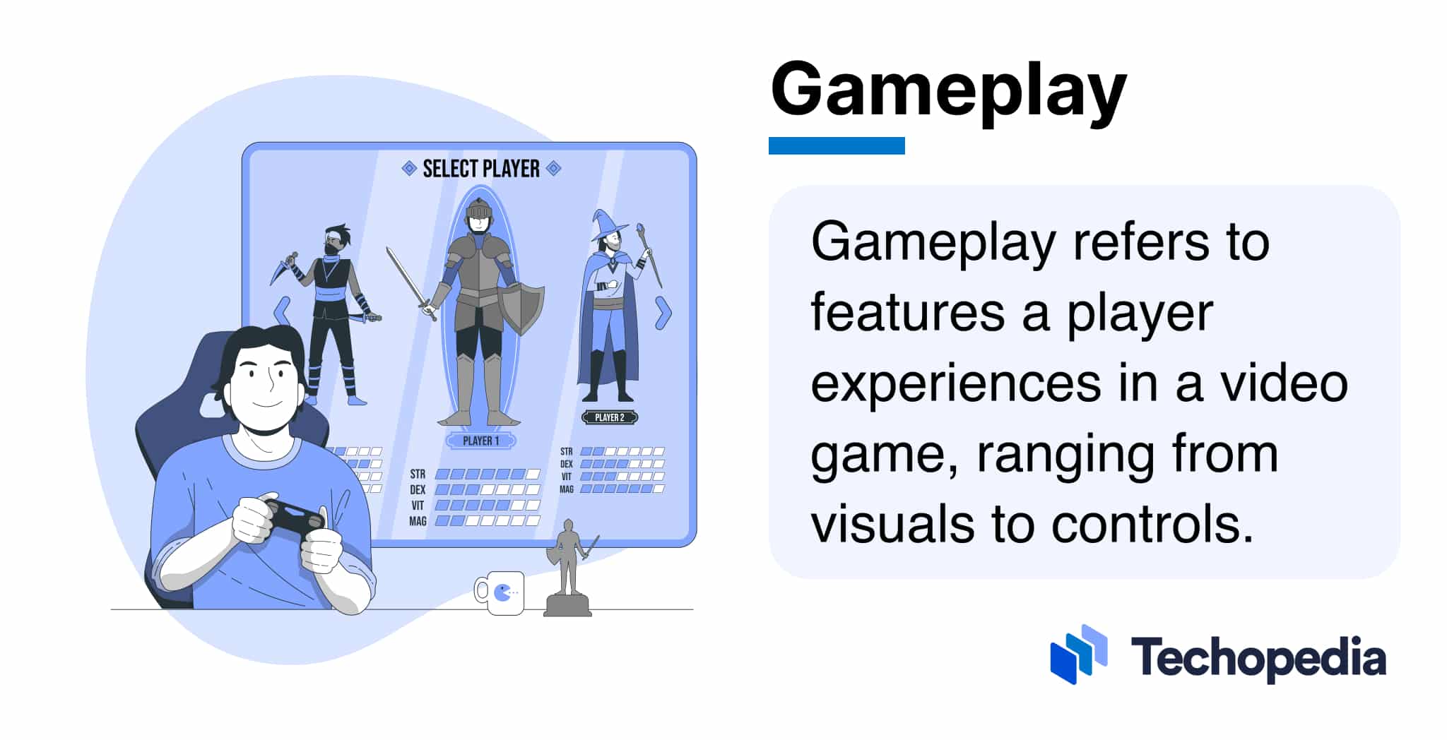 Illustration of a person holding a game controller, selecting characters on a video game screen with various player options and attributes displayed. The text “Gameplay” and a description of gameplay features appear on the right.