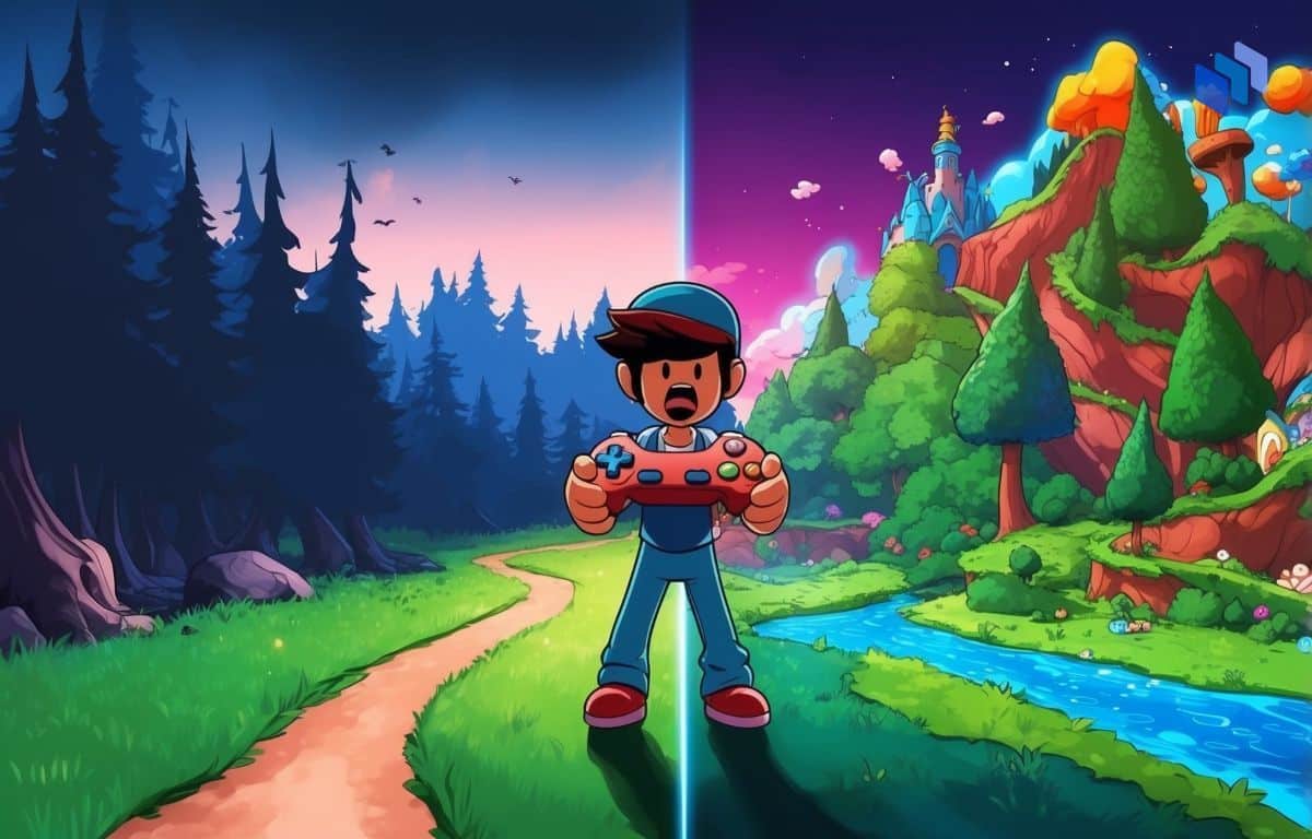 A cartoon-style illustration of a character holding a game controller, standing between two contrasting landscapes: a dark, mysterious forest on the left and a bright, magical kingdom on the right, symbolizing a choice between adventure paths in a video game.
