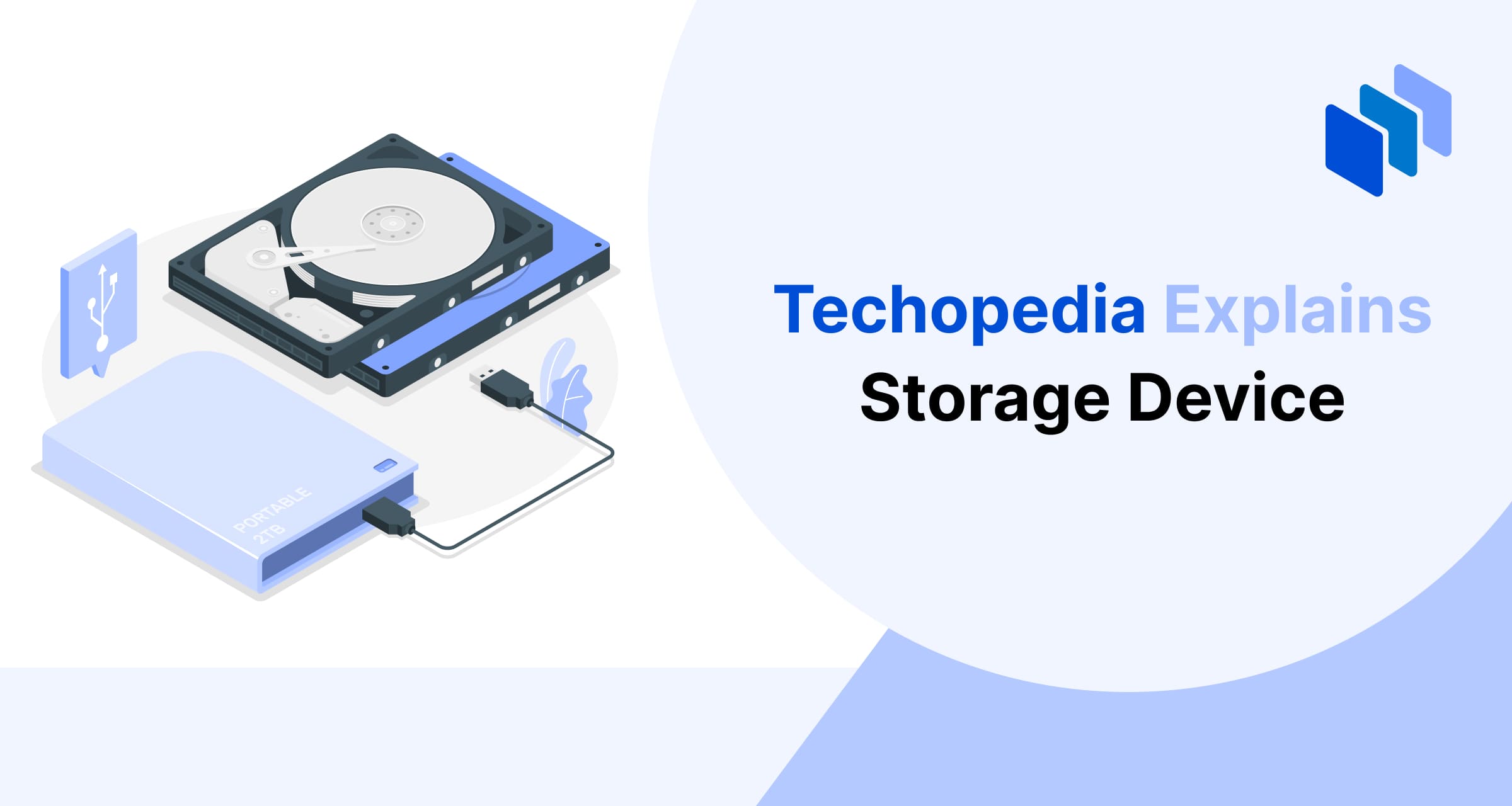 An illustration of a hard drive and a portable storage device connected via USB, with "Techopedia Explains Storage Device" text.