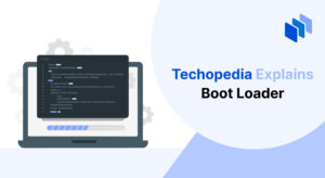 Illustration of a laptop displaying boot loader code on its screen, with loading progress visible, representing the boot loader’s role in initializing the operating system.