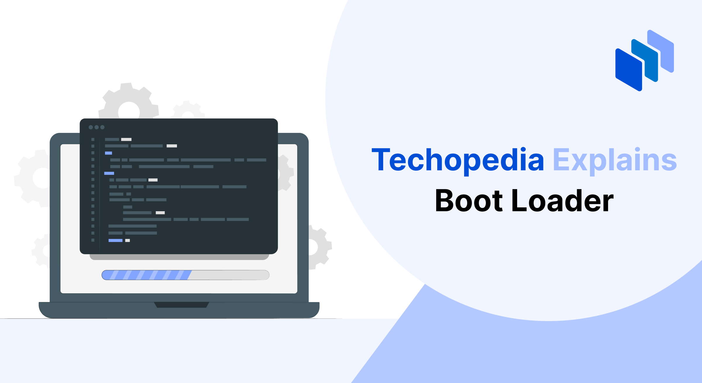 Illustration of a laptop displaying boot loader code on its screen, with loading progress visible, representing the boot loader’s role in initializing the operating system.