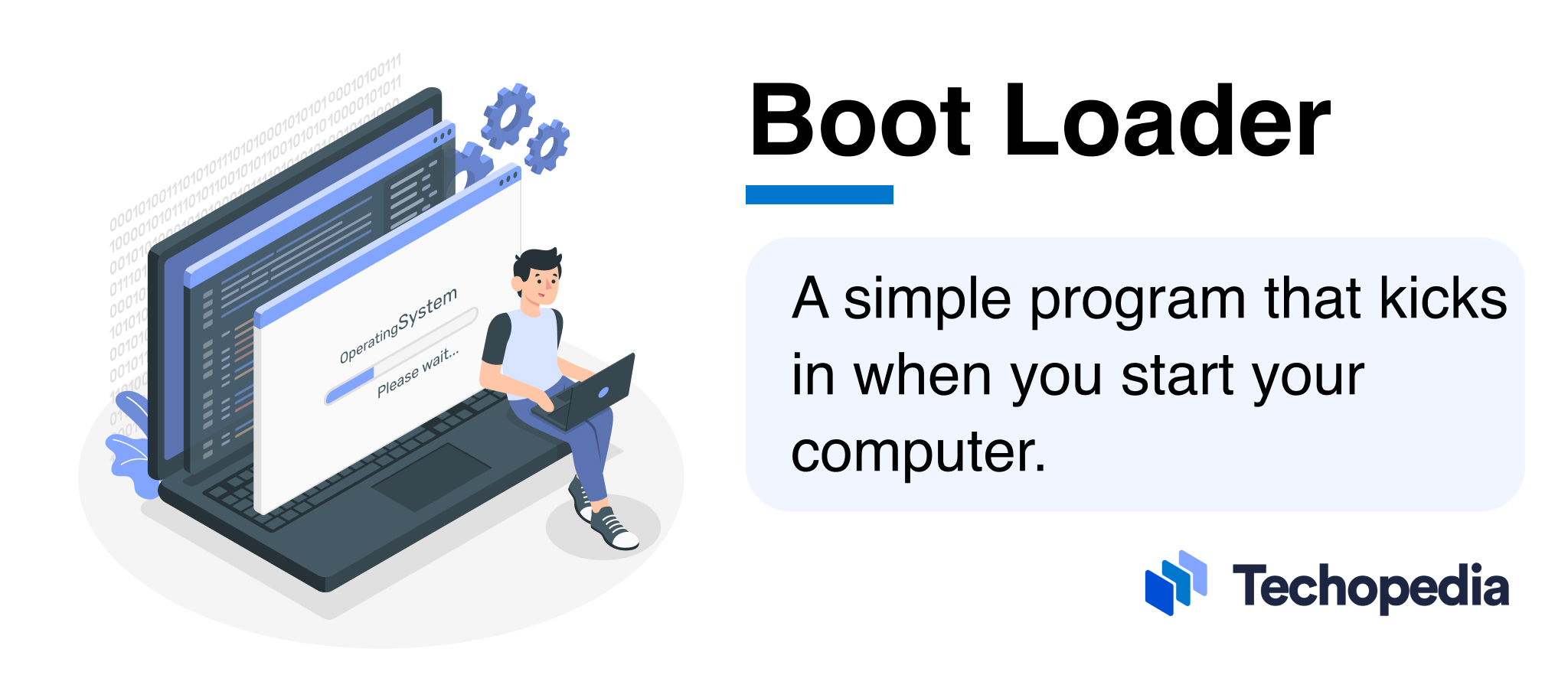 Illustration of a person sitting on a laptop with a boot loader screen showing 