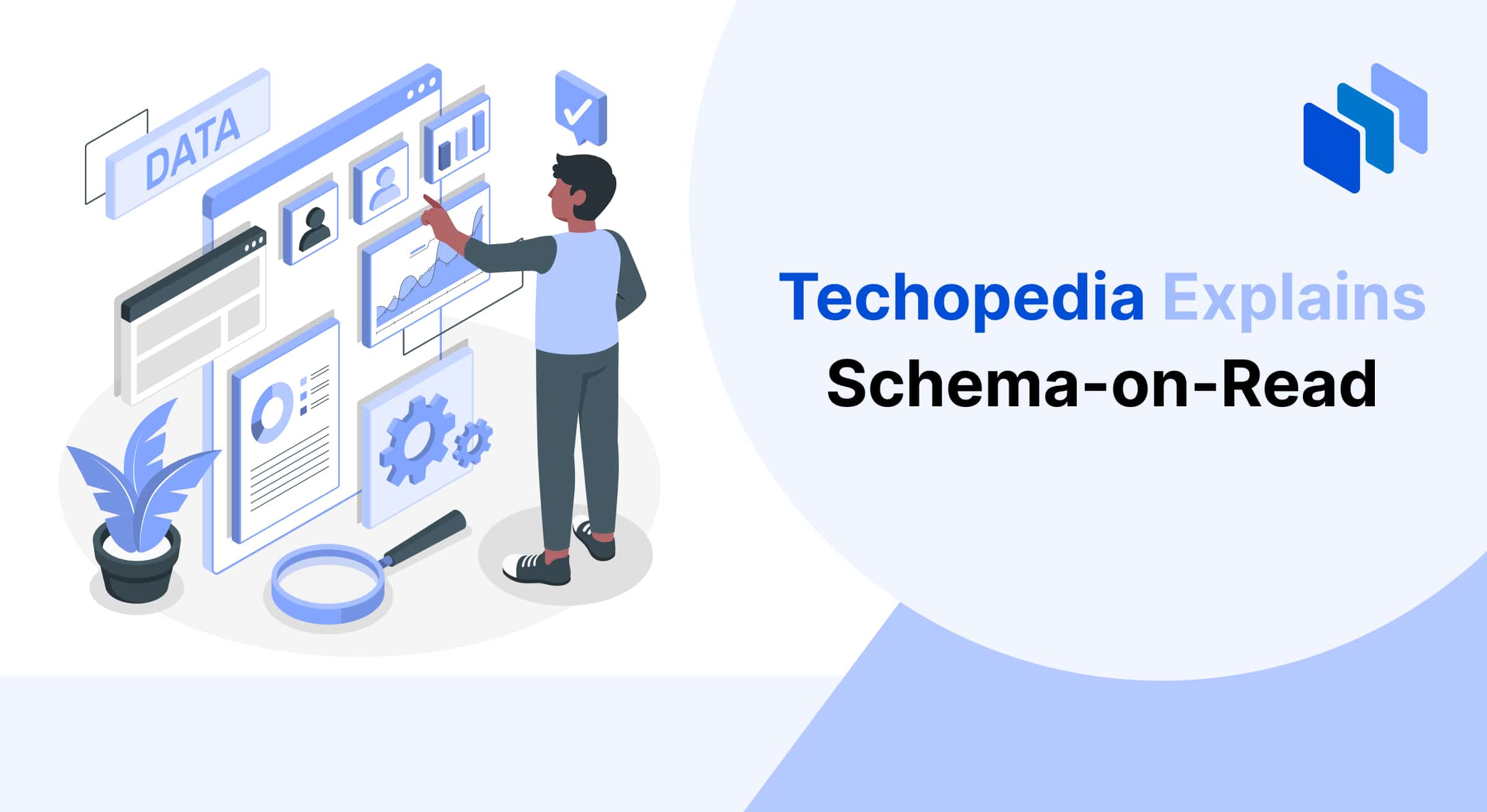 Illustration of a person interacting with data elements on a virtual interface, symbolizing the concept of schema-on-read. The screen displays various data icons, charts, and documents, representing flexible data processing.