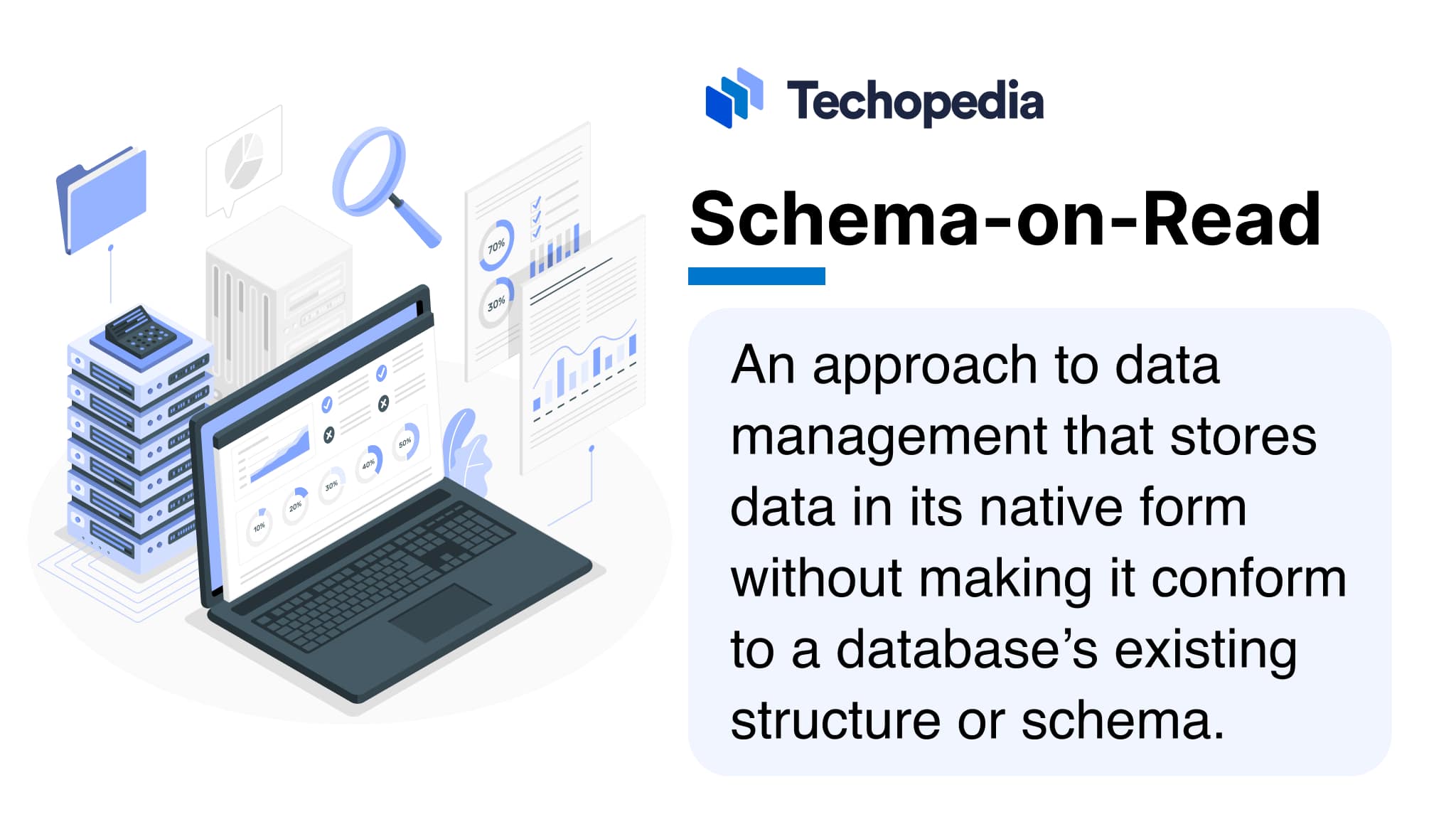 Illustration of a laptop displaying data charts, surrounded by database servers and analytics icons, representing the concept of schema-on-read. Text explains schema-on-read as a data management approach that stores data in its native form without conforming to a predefined database schema.