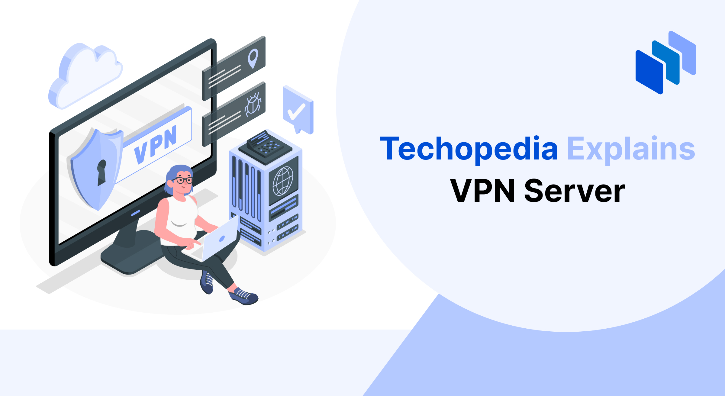 Illustration of a VPN server setup with encryption and user protection, explaining VPN server meaning and protocols.