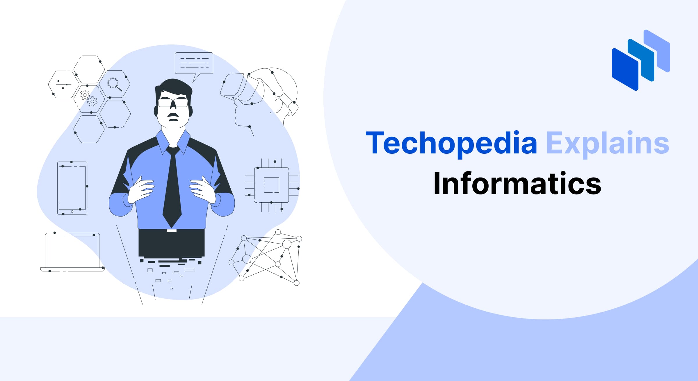 Illustration of a professional surrounded by technology symbols, including laptops, circuits, and data networks, representing the concept of informatics and its role in managing and processing information.