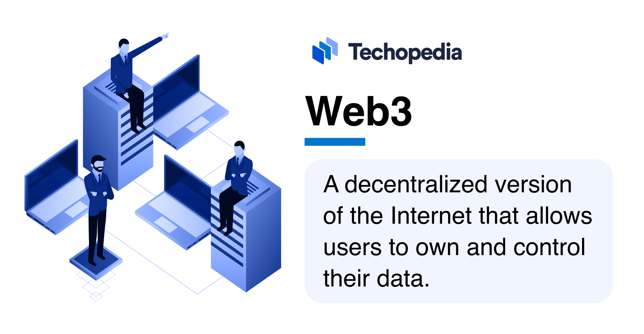 Illustration of three individuals surrounded by laptops and servers, symbolizing a decentralized Web3 environment that allows users to own and control their data.