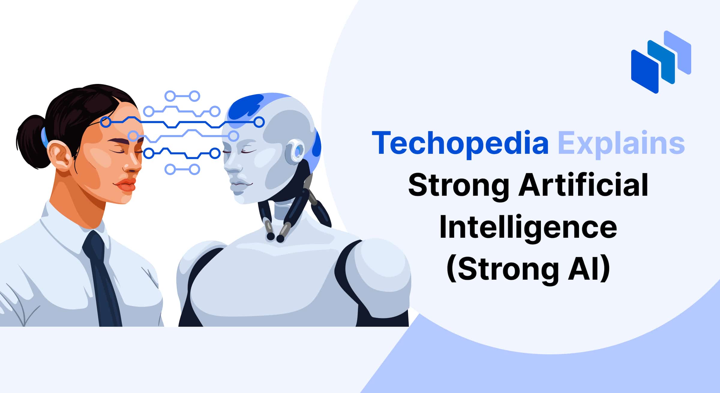Illustration of a human and a robot facing each other with lines connecting their foreheads, symbolizing data exchange and connection between human mind and AI.