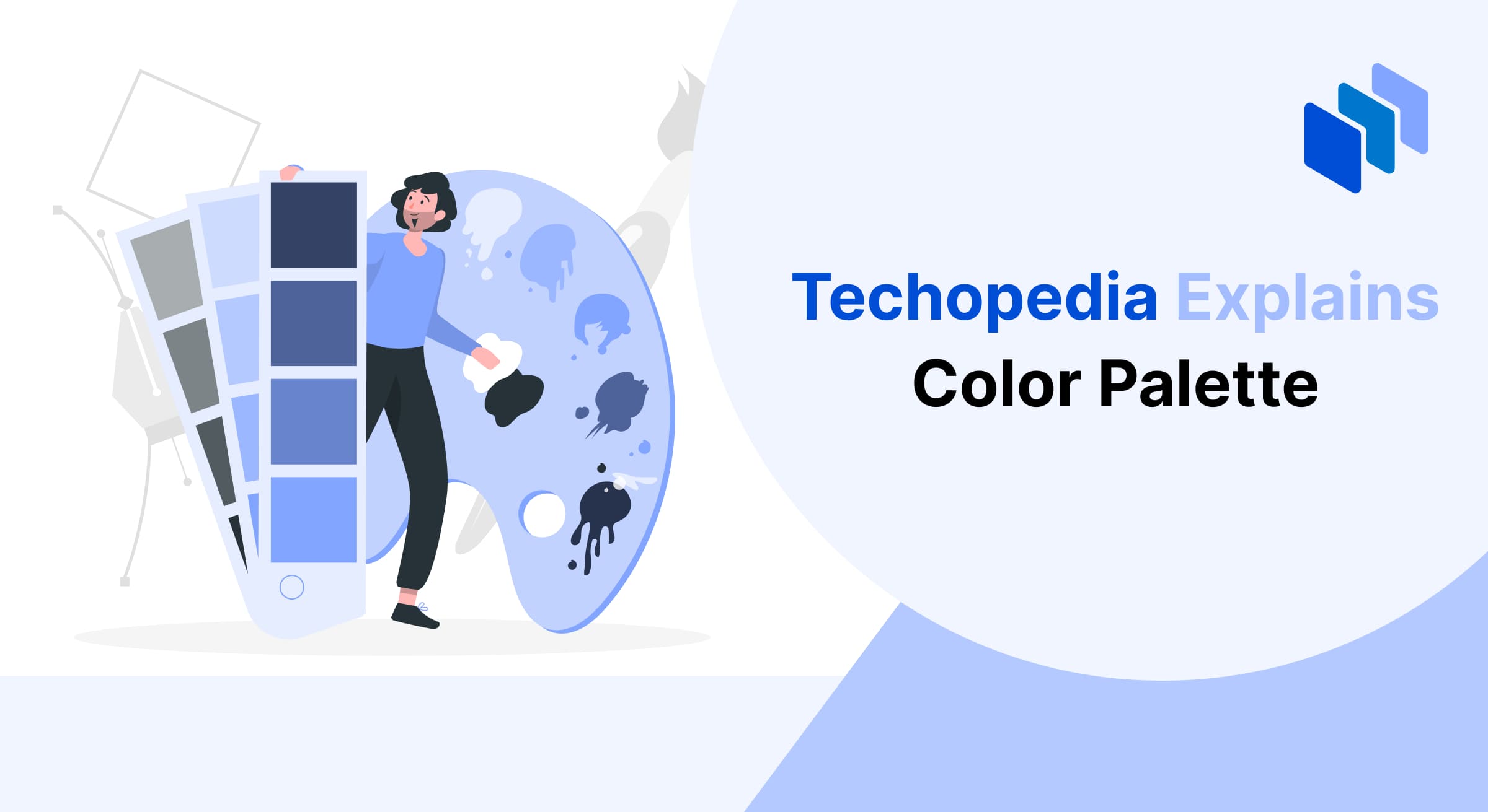 Illustration titled “Techopedia Explains Color Palette.” A designer is shown holding a large set of color swatches and standing next to a paint palette with various splatters of blue and black paint. The background features a light blue and white theme, symbolizing creativity and design elements.