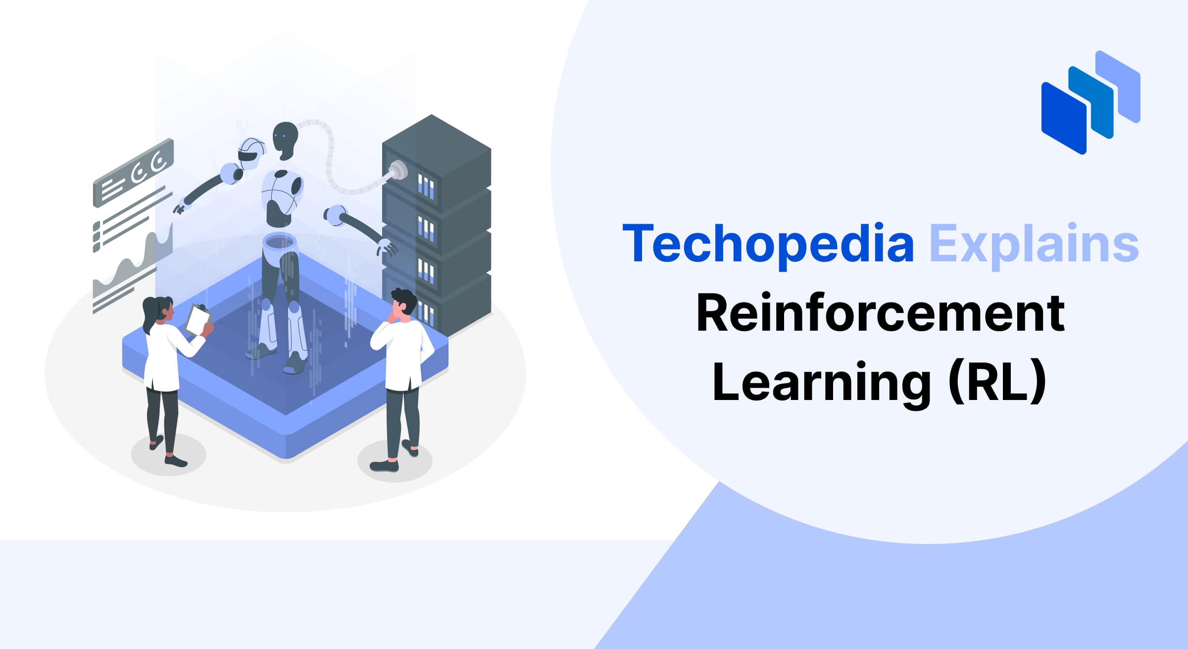 Illustration of scientists working with a robotic figure in a lab setting, accompanied by data charts and servers, symbolizing reinforcement learning in artificial intelligence.