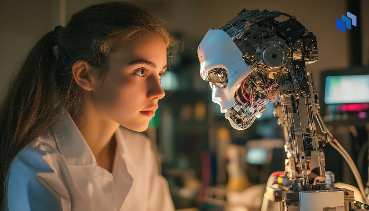 The image appears to depict a human, possibly a scientist or engineer, closely examining a humanoid robot in a laboratory setting. This visual seems to symbolize the intricate relationship between humans and artificial intelligence, showcasing curiosity, technological innovation, and exploration of robotic capabilities.