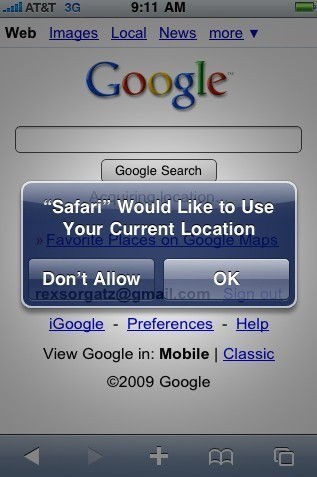 screenshot of Google on mobile device with popup message saying Safari would like to know your location