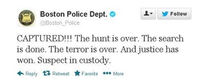 Boston Police Department announce via Twitter that bombing suspect has been captured