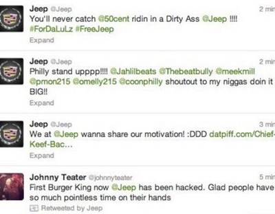 Hackers posting on the official Jeep Twitter account