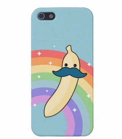iPhone case with a cartoon banana that has eyes and a mustache in front of a sparkly rainbow