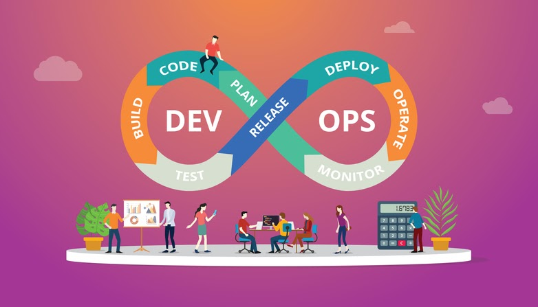 Programmers at work concept using devops software development practices