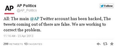 AP Twitter post about main AP account being hacked and posting false news
