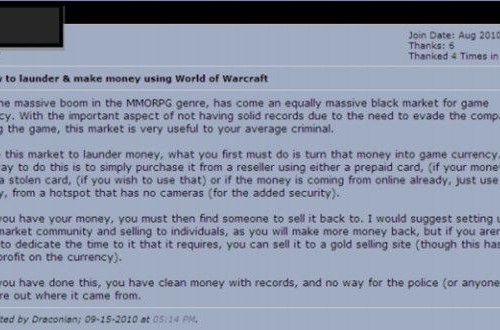 screenshot of forum discussing how to launder money with World of Warcraft