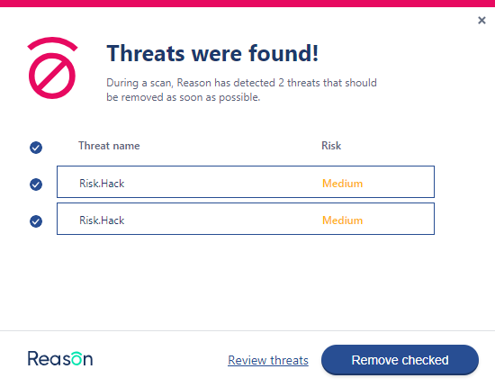 screenshot of Reason software Threats were found