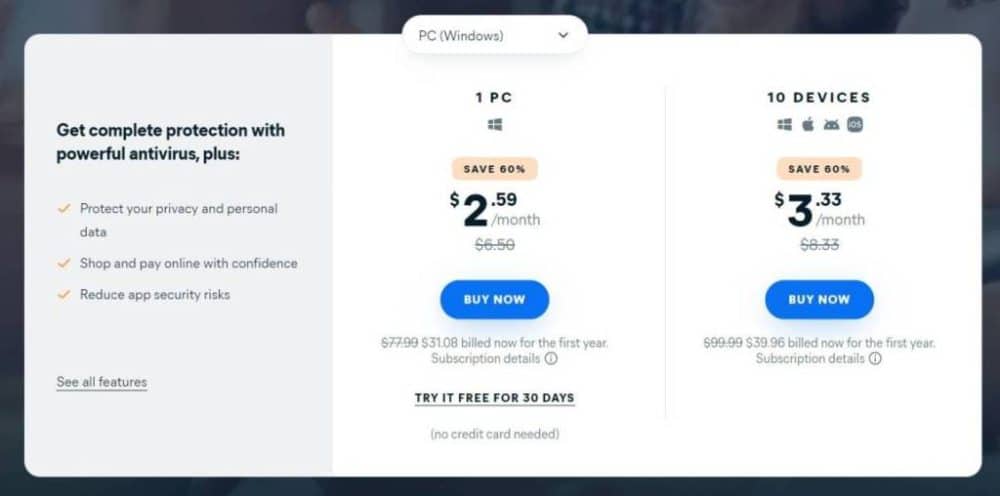 Avast pricing