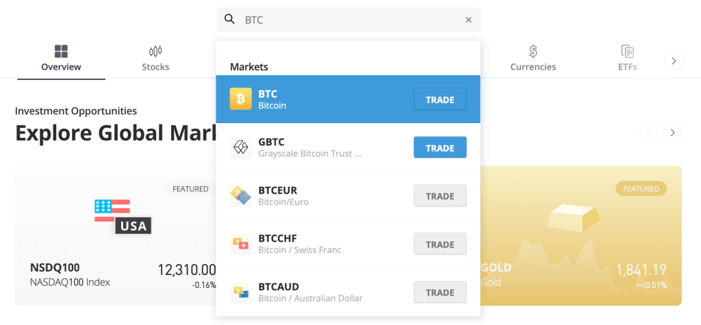 Search Bitcoin on eToro