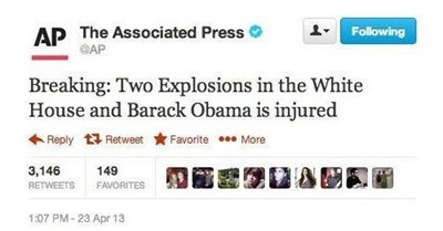 hacked AP Twitter post about explosions in White House