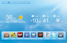 screen from a Samsung smart refrigerator showing weather and apps