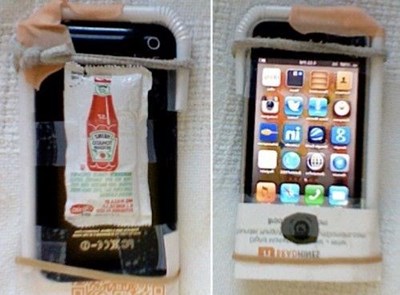 DIY iPhone case made with tape ketchup packet straw and other various objects