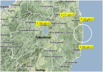 Safecast website showing radiation levels around Fukushima