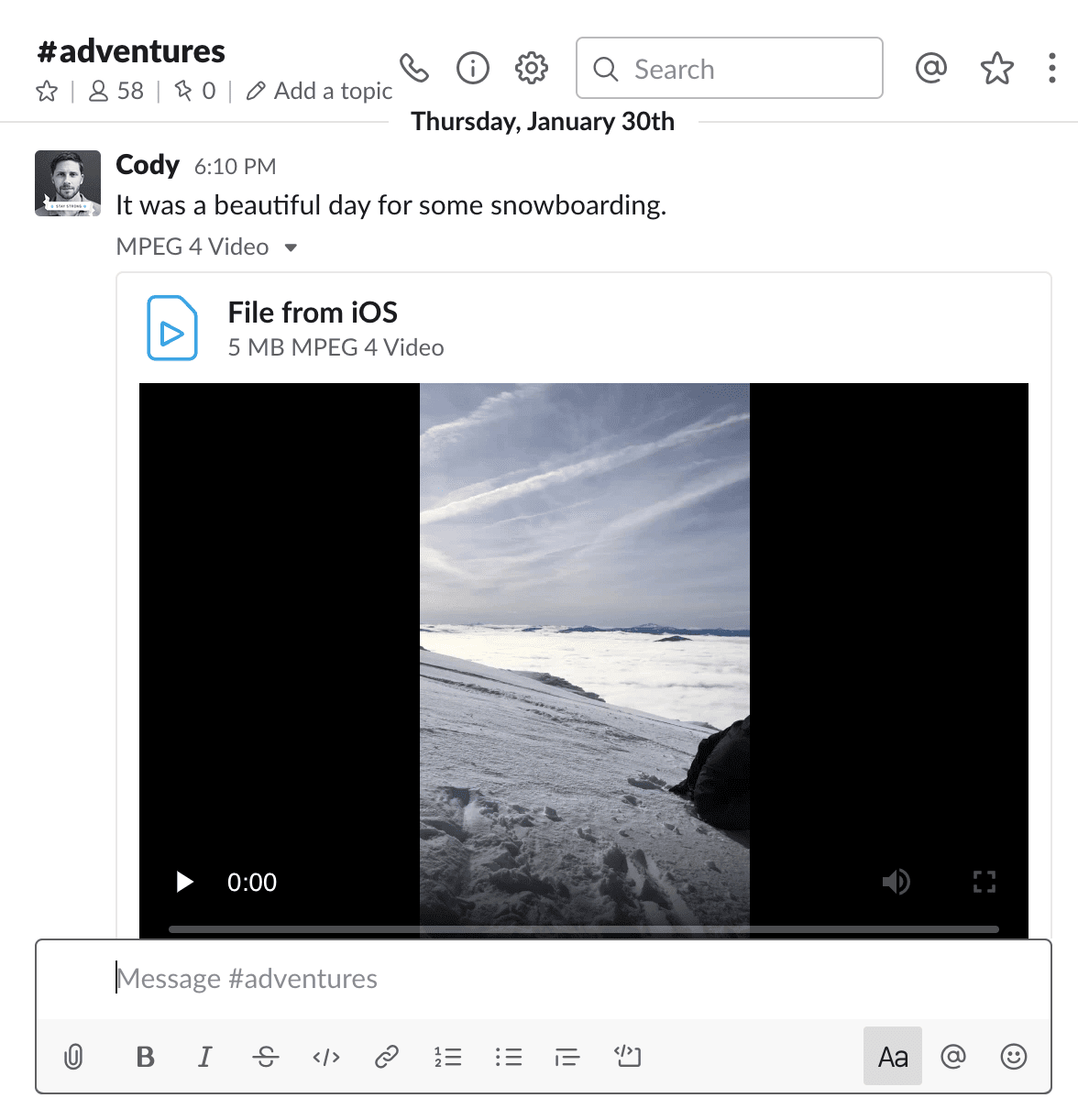 social media post from Cory with snowboarding video
