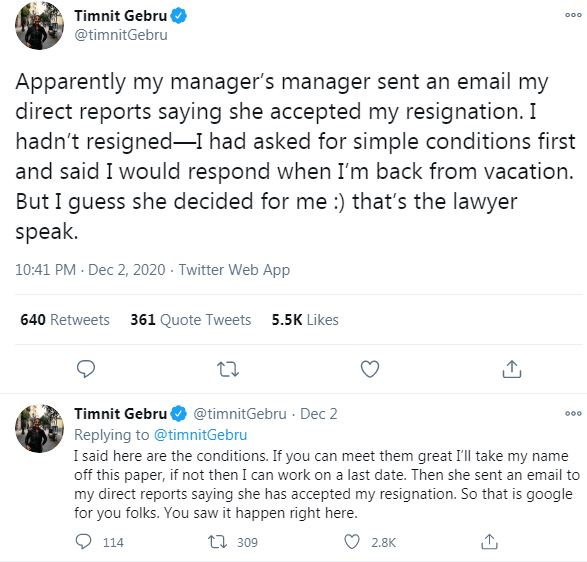 Timnit Gebru tweet forced resignation