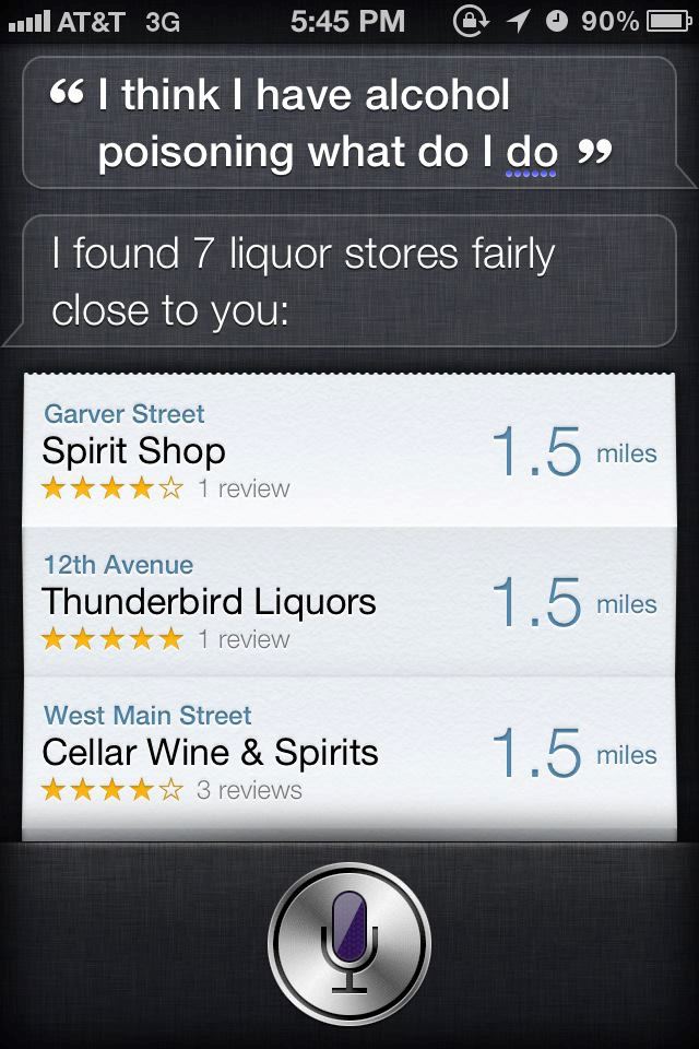 Siri recommends liquor stores for alcohol poisoning