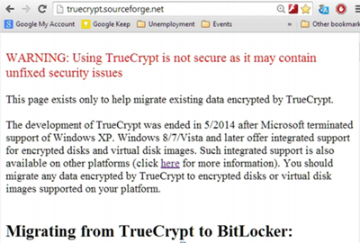 message warning that TrueCrypt is not secure with information on migrating to BitLocker