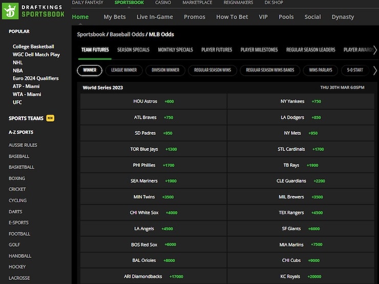 DraftKings MLB odds