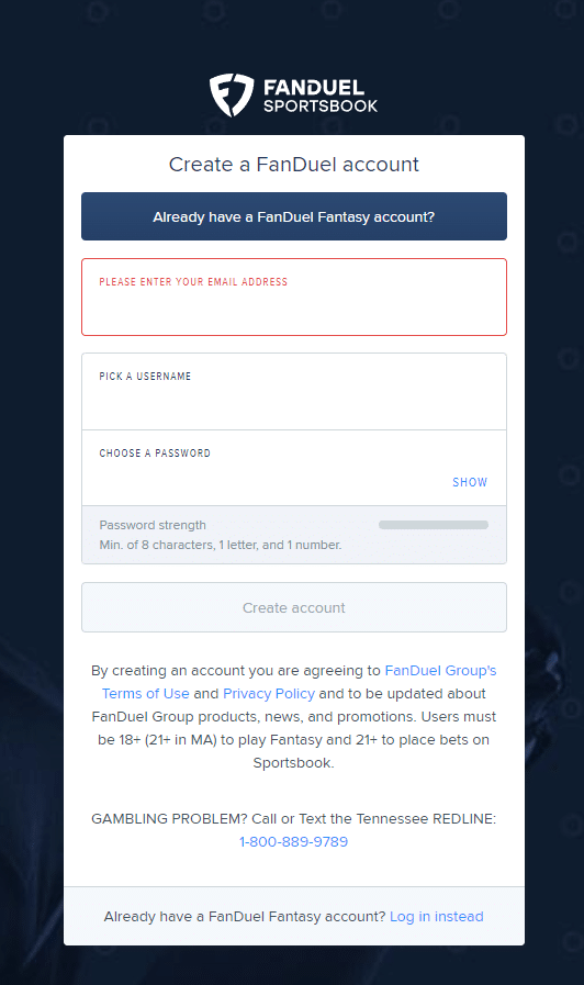 FanDuel sign up form