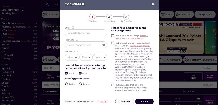 BetPARX Sign Up Form First Step